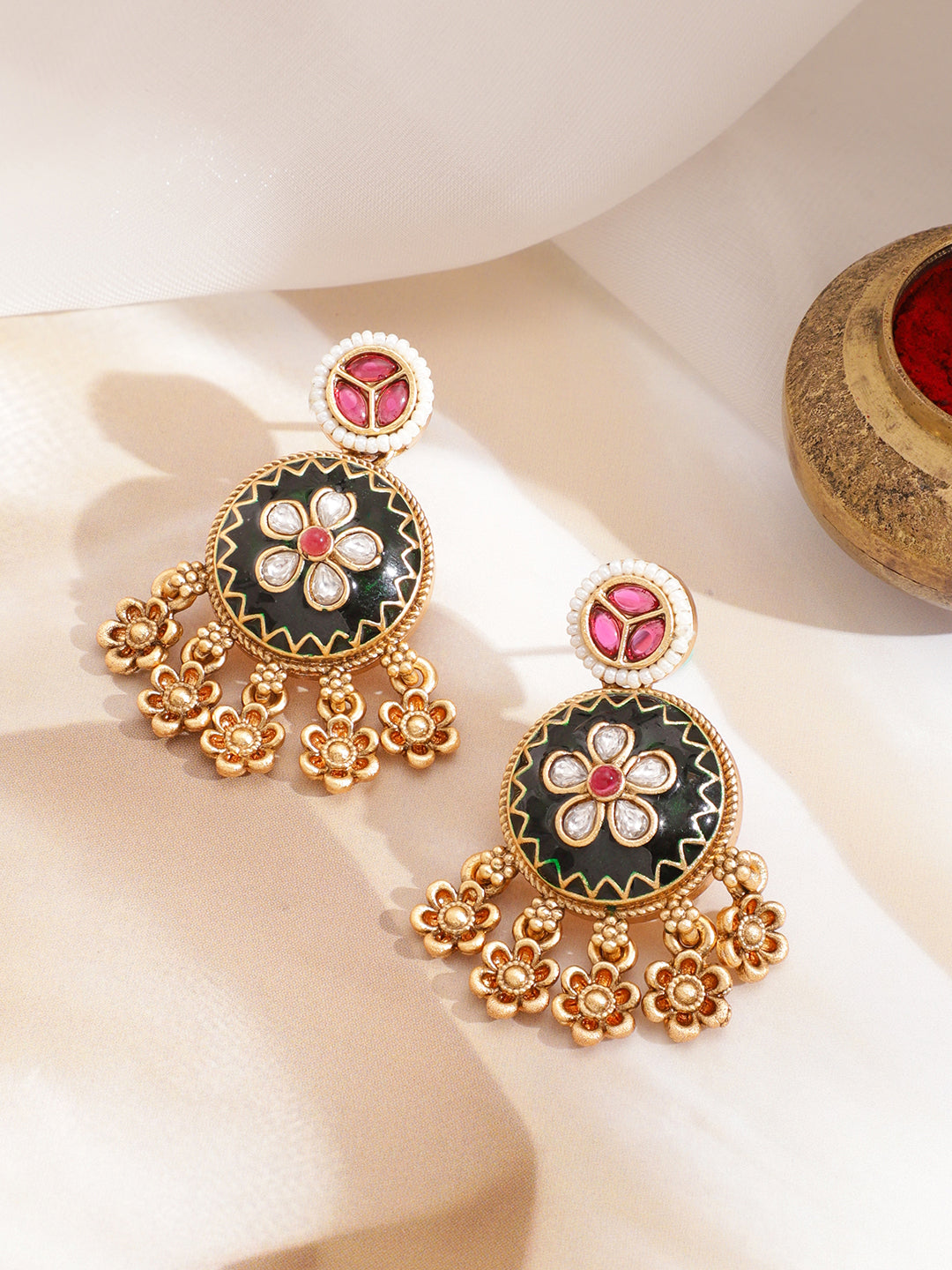 Gold Elephant & Peacock Motif Floral Drops Necklace Set フリーサイズ