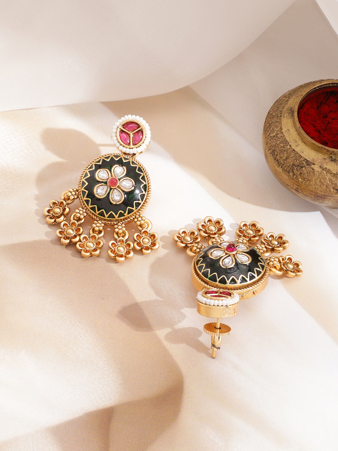 Gold Elephant & Peacock Motif Floral Drops Necklace Set フリーサイズ