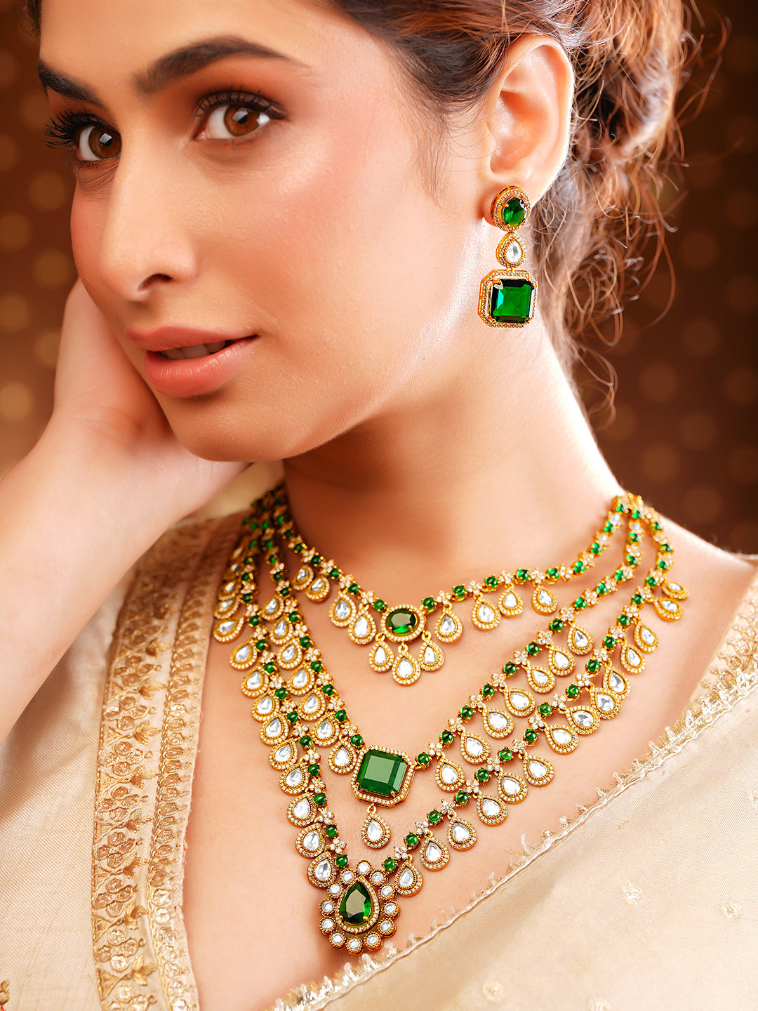 【Rubans】 Gold Plated Teardrop Layered Emerald Necklace Set｜ゴールドメッキ ティアドロップ レイヤード エメラルド ネックレスセット
