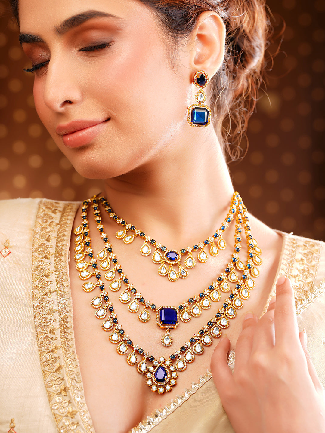 【Rubans】 Gold Plated Teardrop Layered Blue Sapphire Necklace Set｜ゴールドメッキ ティアドロップ レイヤード ブルーサファイアカラー ネックレスセット