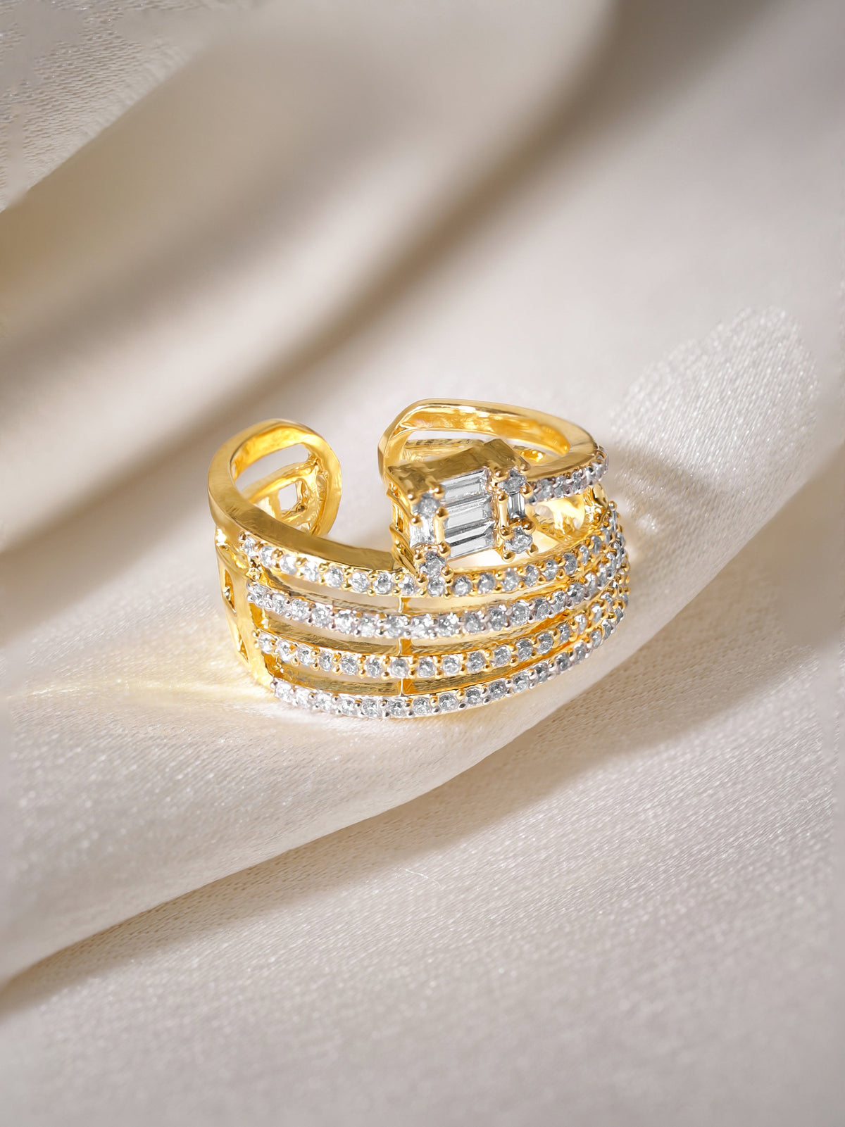 American Diamond Zirconia Studded Gold Ring Gold