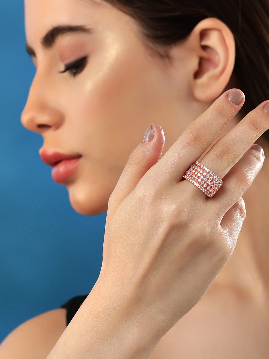 Rubans 18k Rose Gold-Plated  CZ-Studded Finger Ring Rose Gold