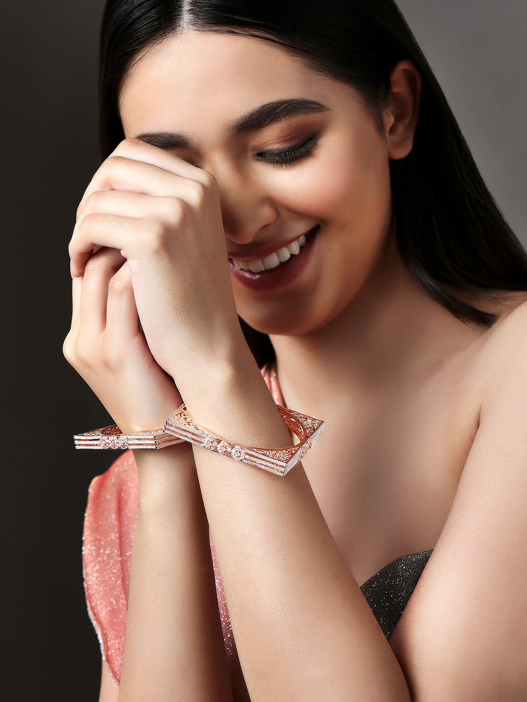 Rubans Set Of 2 Rose Gold-Plated Cubic Zirconia Stone Studded Handcrafted Bangle 2.4 - Small