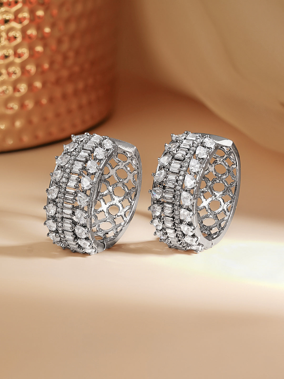 【Rubans】 Rhodium Plated American Diamond Zirconia Hoop Earrings｜ロジウムメッキ アメリカンダイヤモンド フープイヤリング
