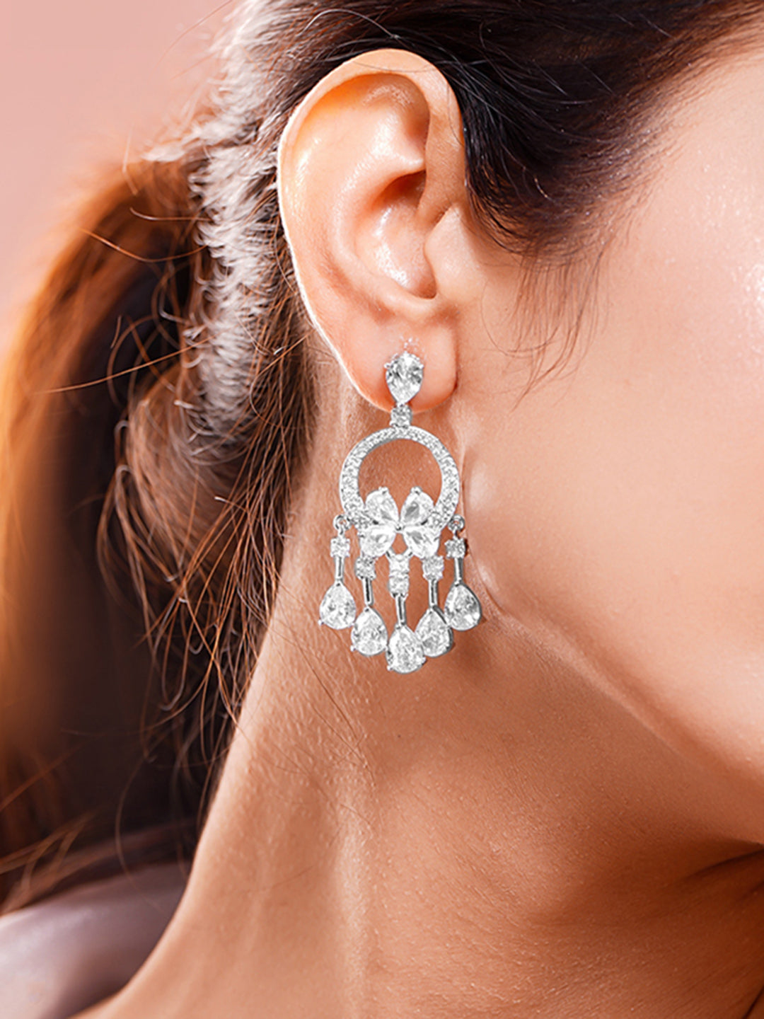 Zirconia Floral Cascade Dangler Earrings フリーサイズ