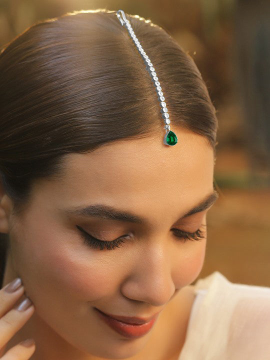 Rubans Gold-Plated American Diamond Studded Maang Tikka Head Jewellery Gold