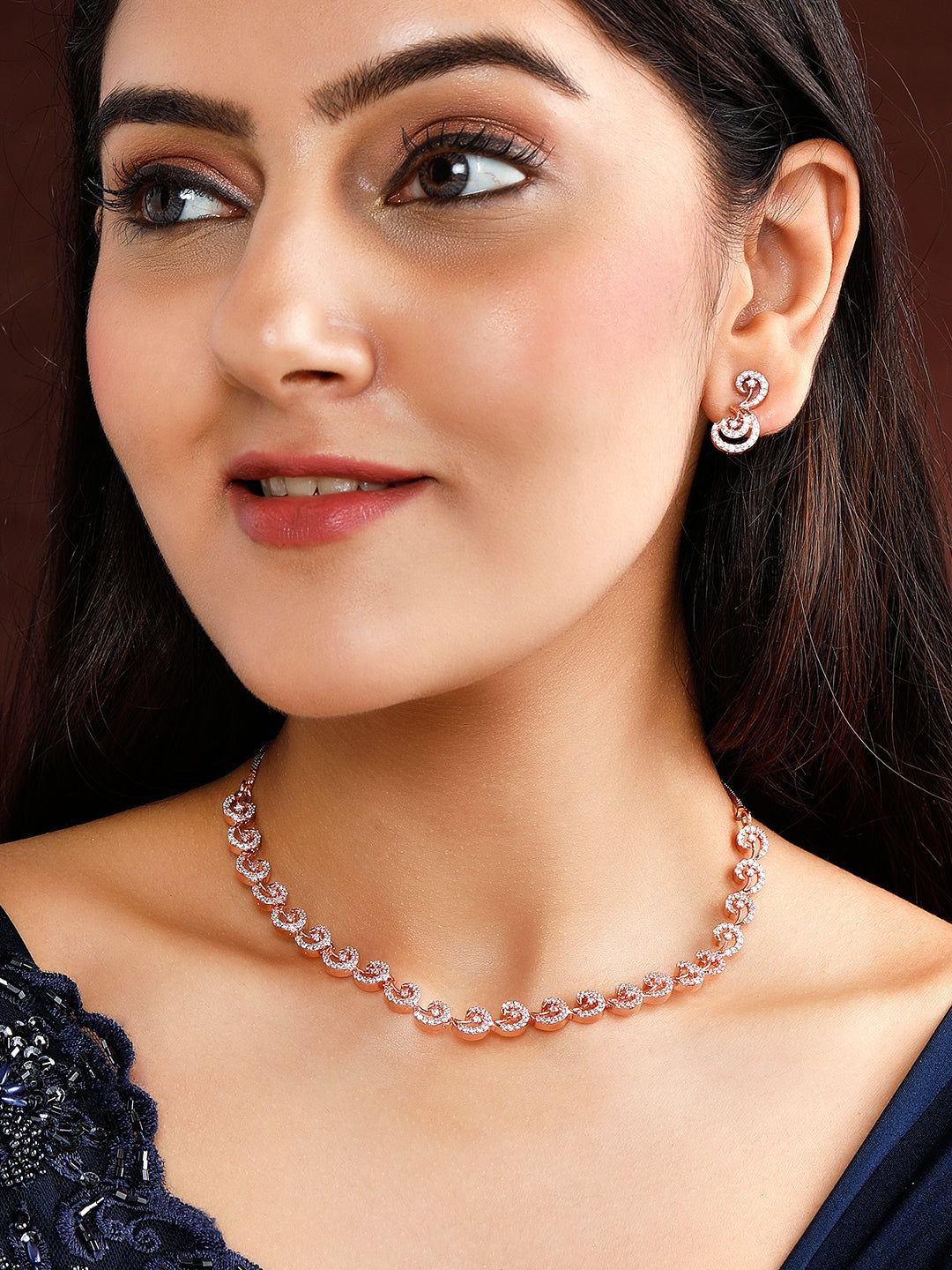Rubans Rose Gold Plated Zirconia Stone Studded Handcrafted Necklace Set. Rose Gold
