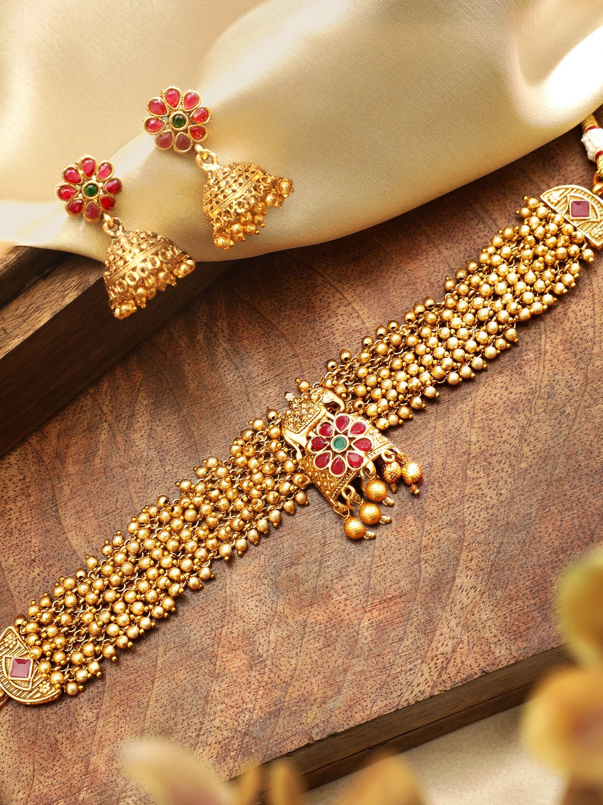 Rubans 24K Gold Plated Handcrafted Ruby Stone & Gold Ghungroo Temple Choker Set Gold