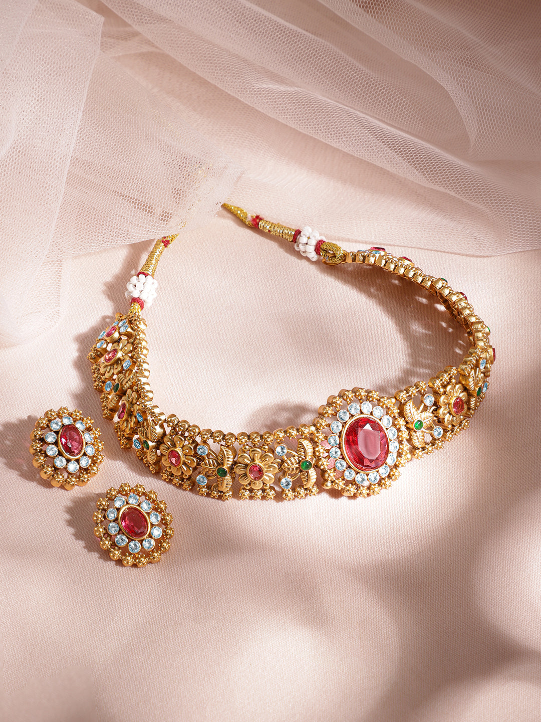American Diamond Zirconia Green Choker Set Ruby Pink
