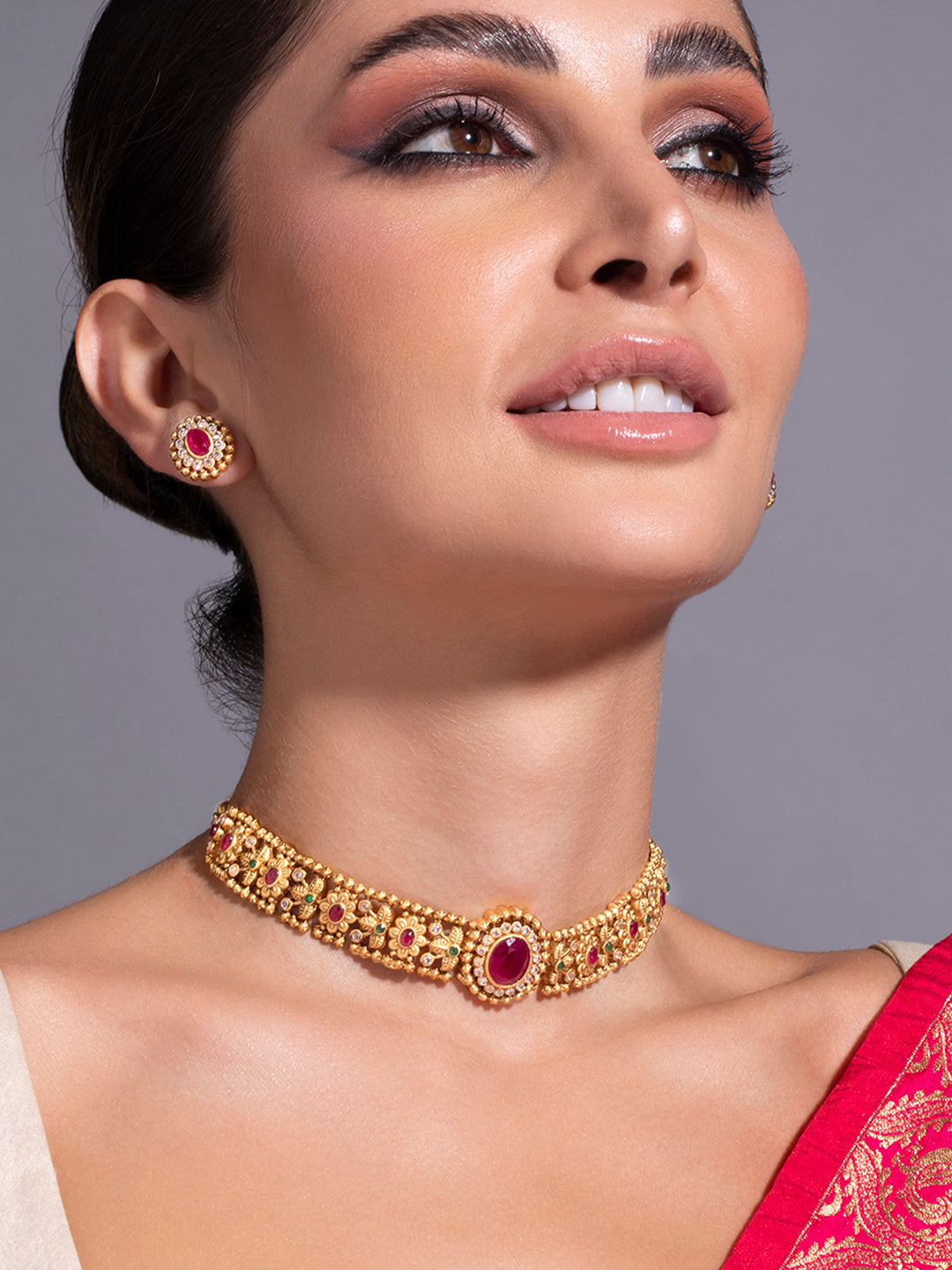American Diamond Zirconia Green Choker Set Ruby Pink