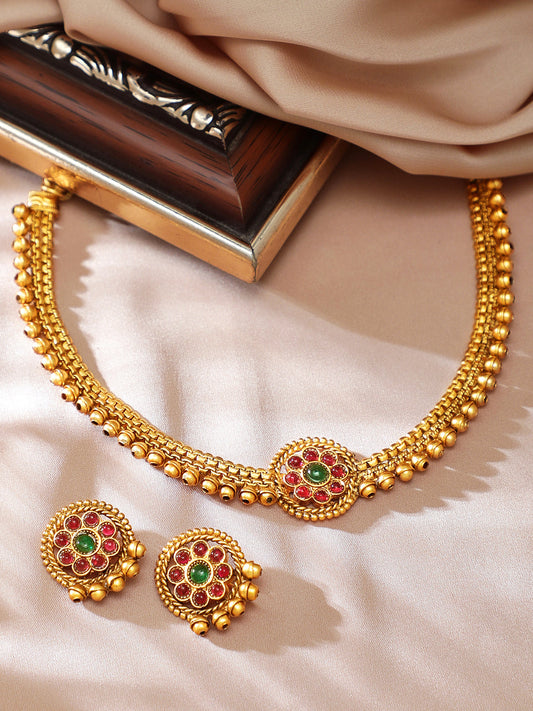 Rubans 24K Gold Plated Handcrafted Collar Neckline Necklace Set Gold