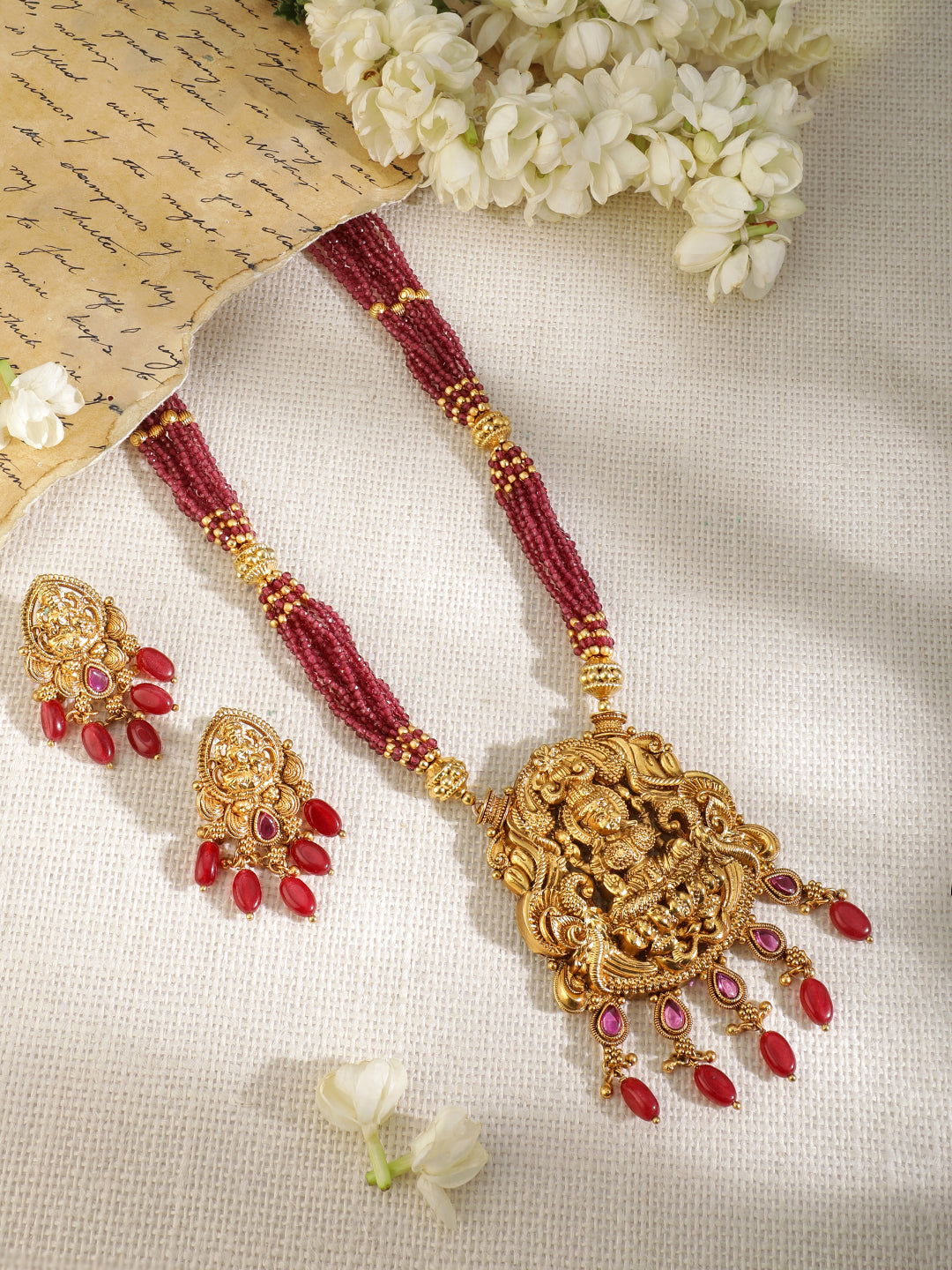 Red Beaded Laxmi Motif Necklace Set Blue