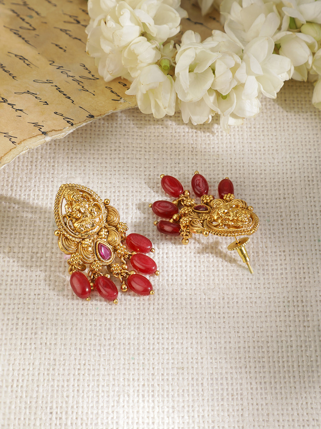 Red Beaded Laxmi Motif Necklace Set Blue