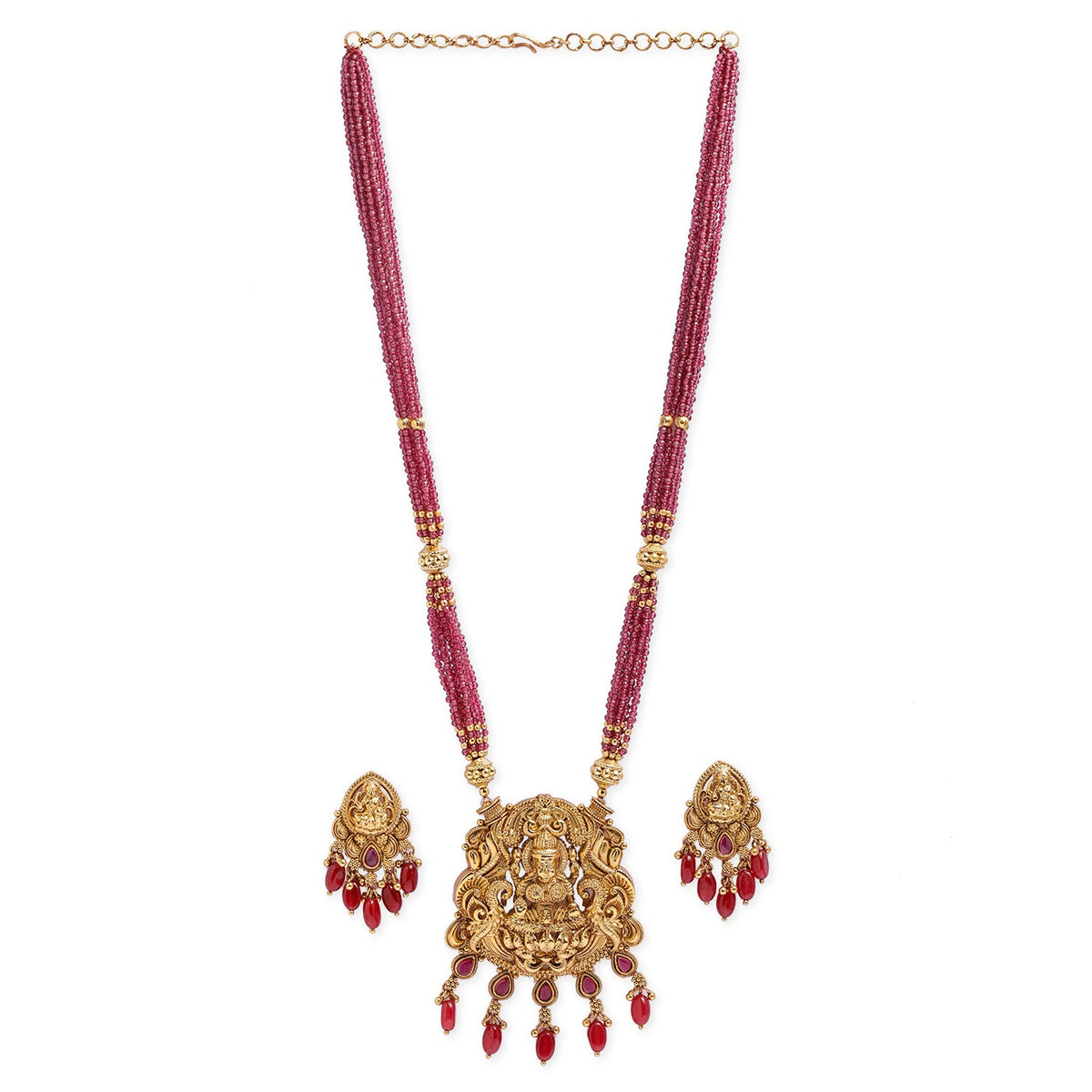 Red Beaded Laxmi Motif Necklace Set Blue