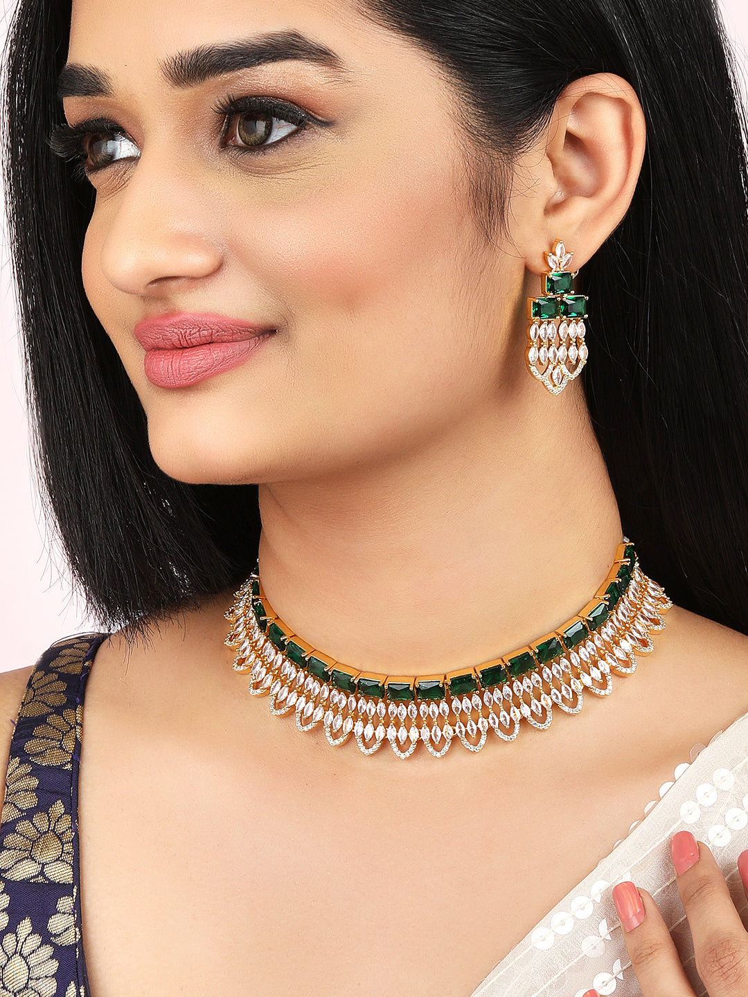 Rubans Gold Plated Green & White Stone Studded American Diamond Necklace Set. Gold