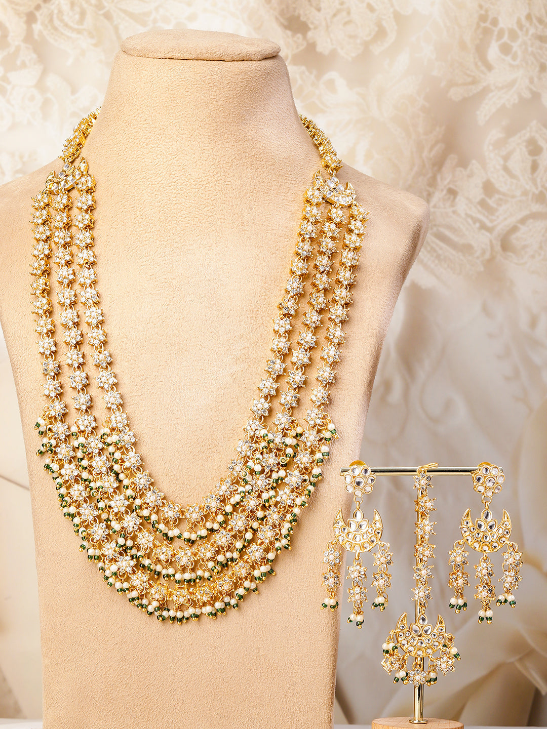 Multi-Layered American Diamond Zirconia Pearl Necklace Set フリーサイズ