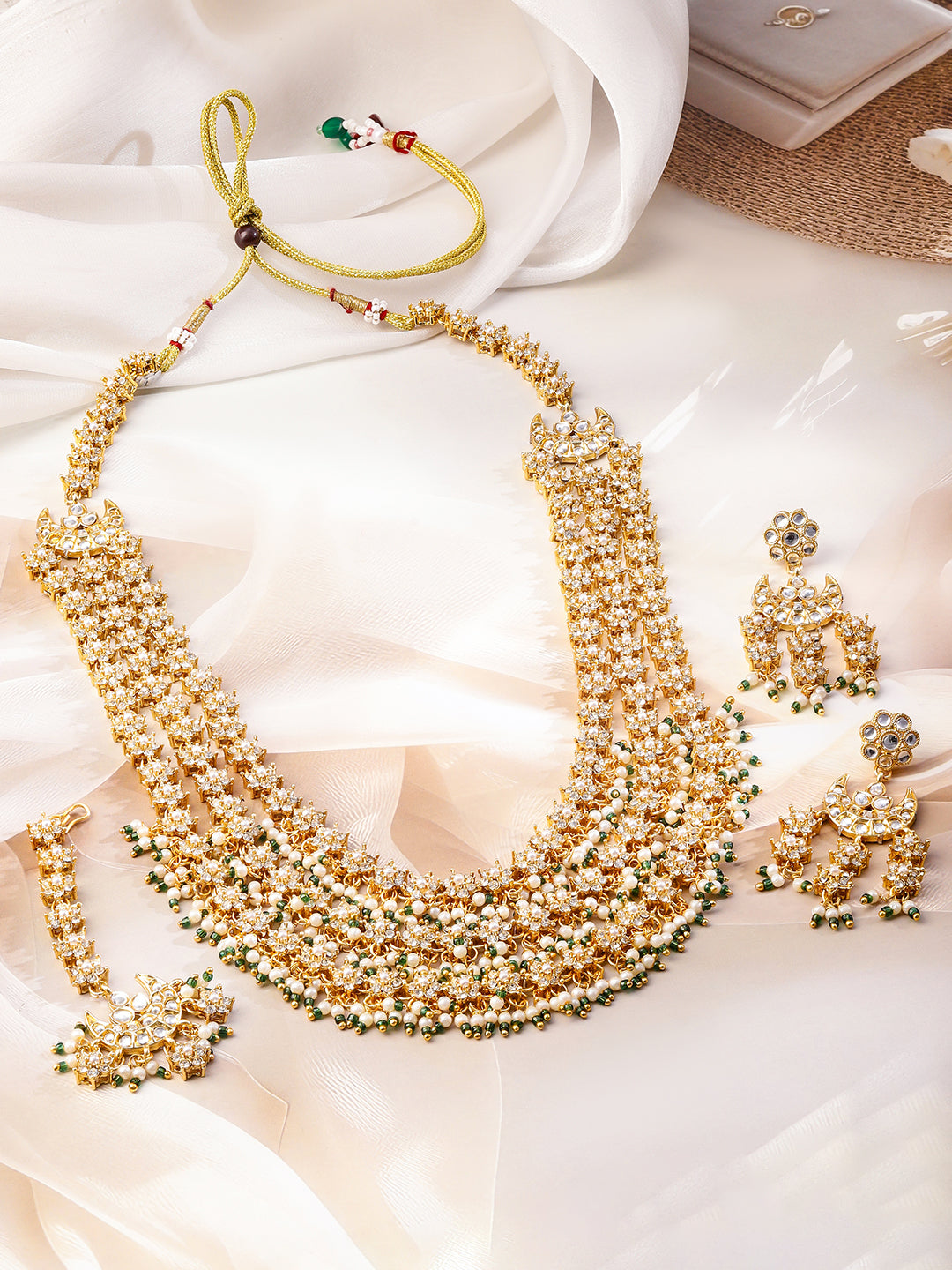 Multi-Layered American Diamond Zirconia Pearl Necklace Set フリーサイズ