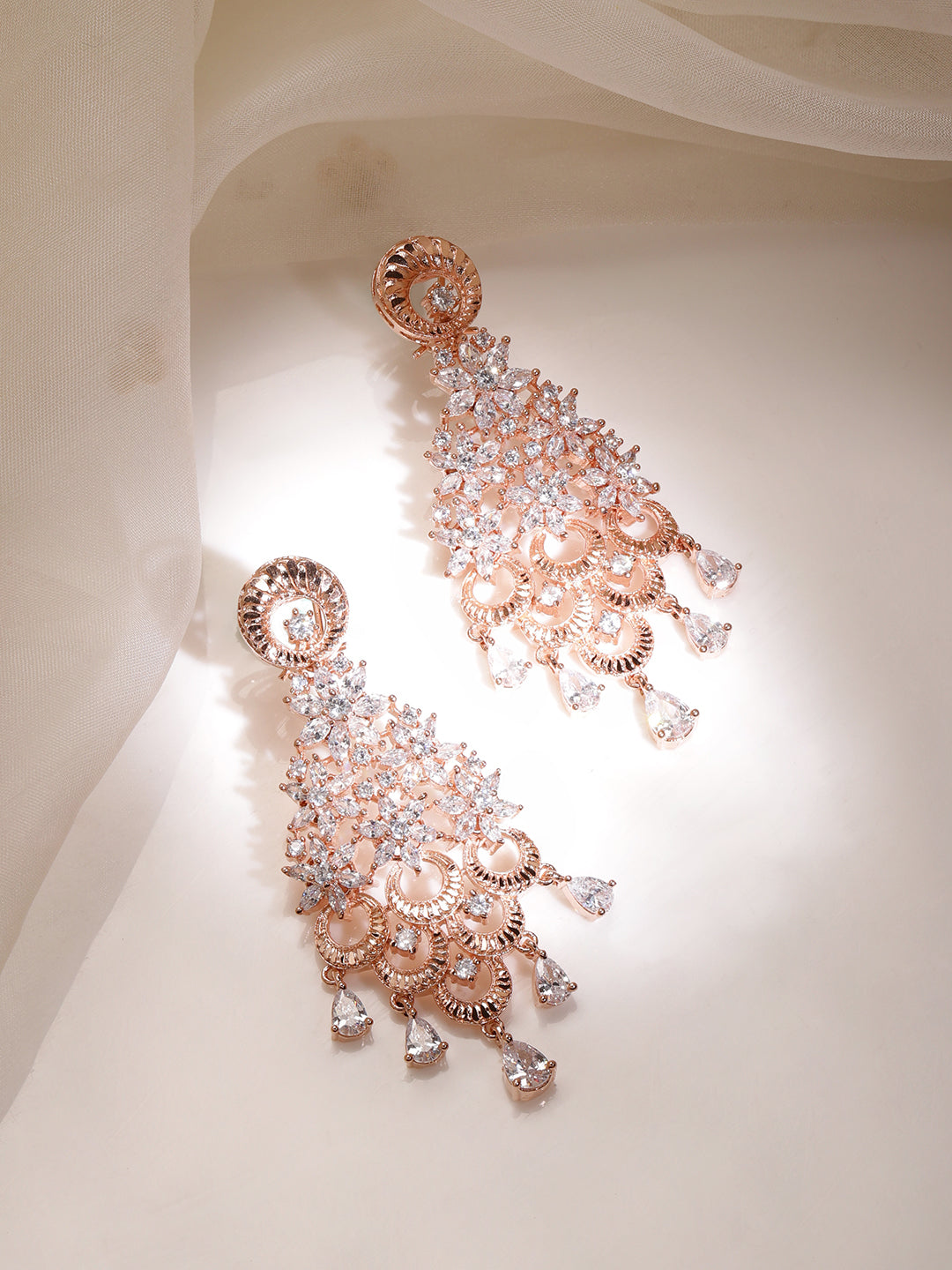 Rubans 18K Rose Gold White Cubic Zirconia Floral Cascading Floral Chandelier Earrings Rose gold