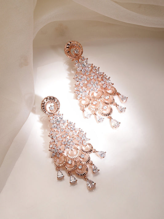 Rubans 18K Rose Gold White Cubic Zirconia Floral Cascading Floral Chandelier Earrings Rose gold