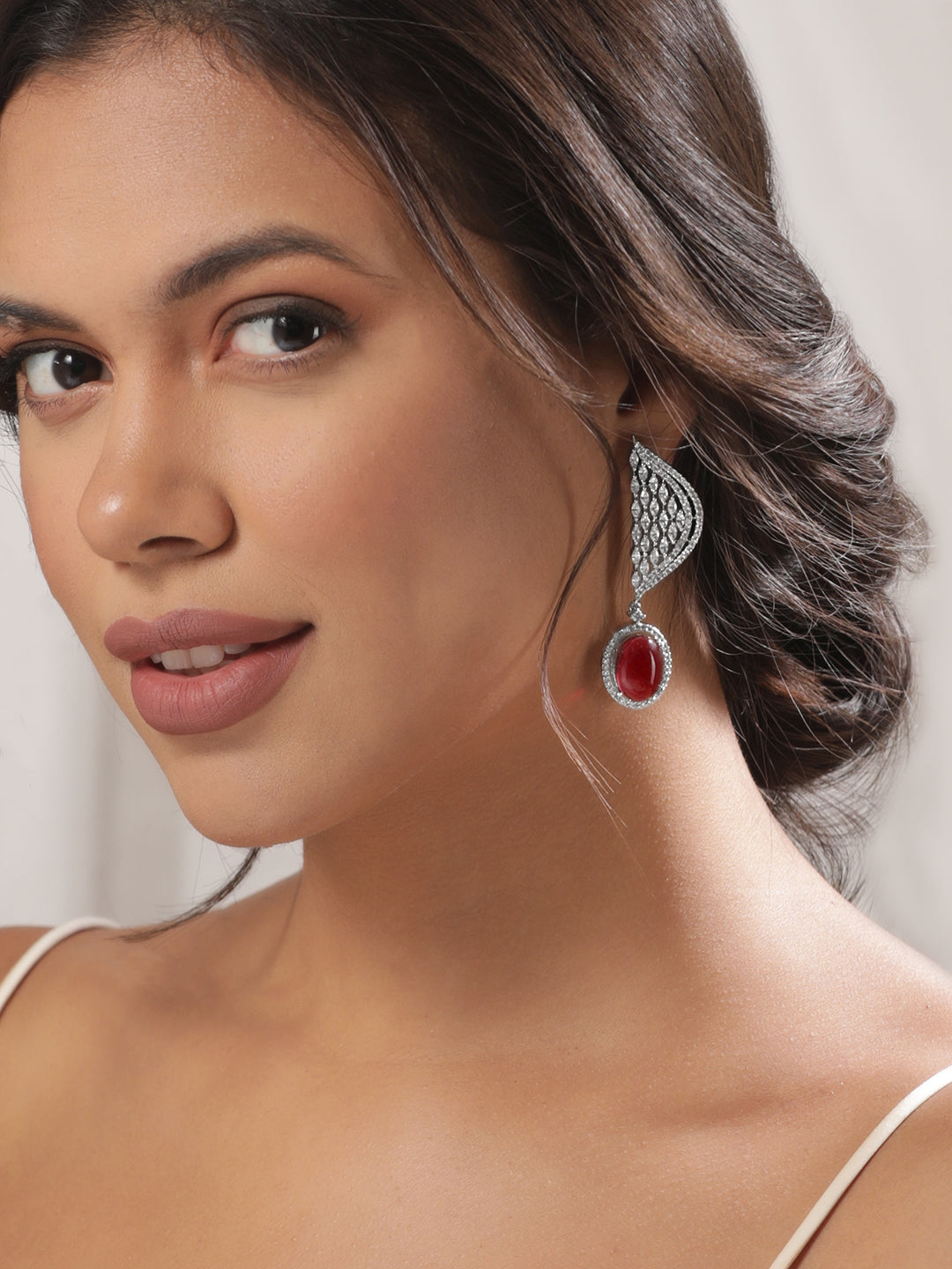 Sleek Scarlet Tone American Diamond Zirconia Danglers Red