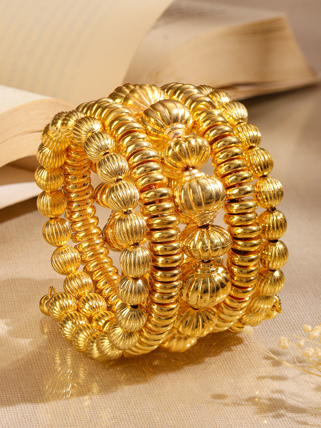 Rubans 18K Gold-Plated Textured Golden Beaded Statement Bracelet for Women Gold