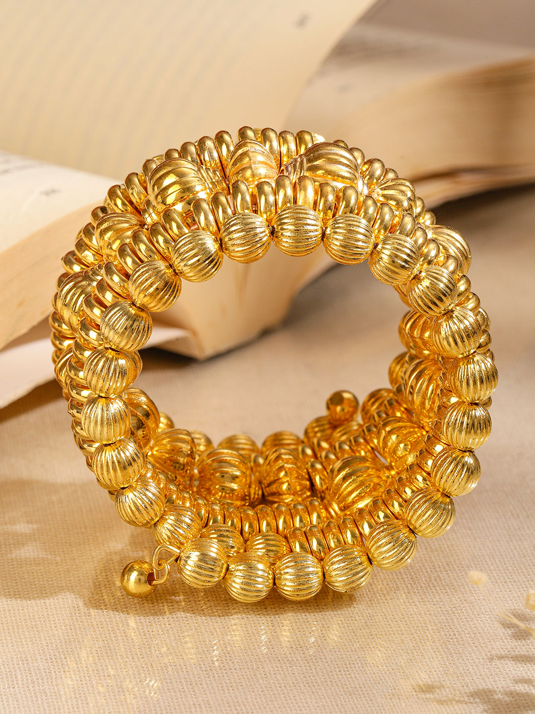 Rubans 18K Gold-Plated Textured Golden Beaded Statement Bracelet for Women Gold