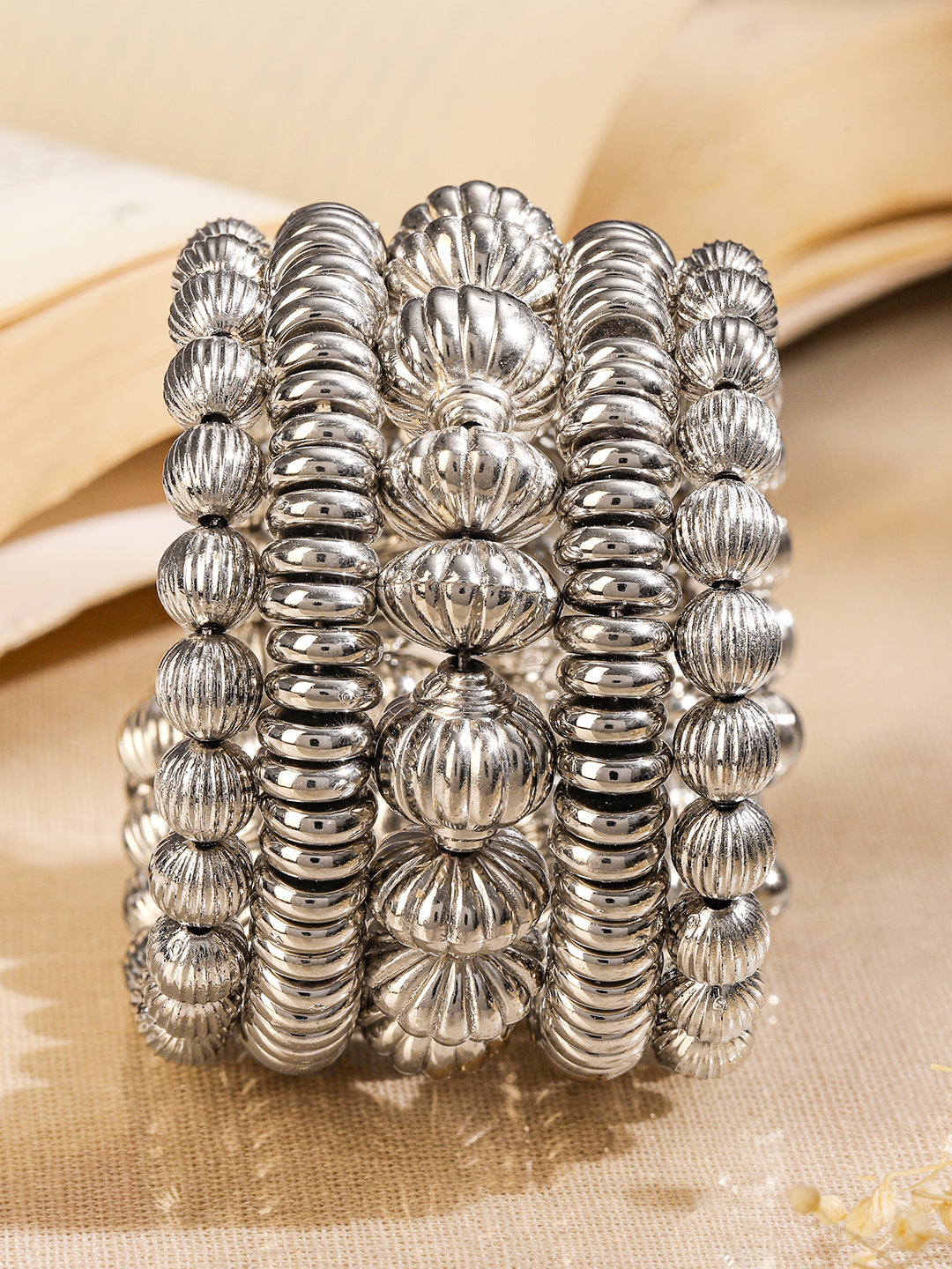 Rubans Silver-Plated Textured Beaded Statement Bracelet for Women Silver