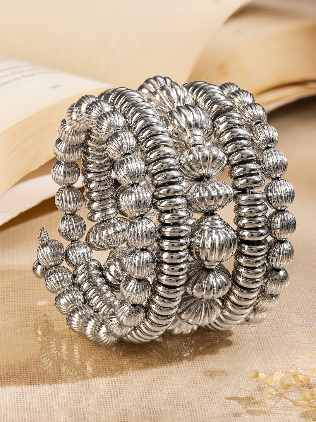 Rubans Silver-Plated Textured Beaded Statement Bracelet for Women Silver