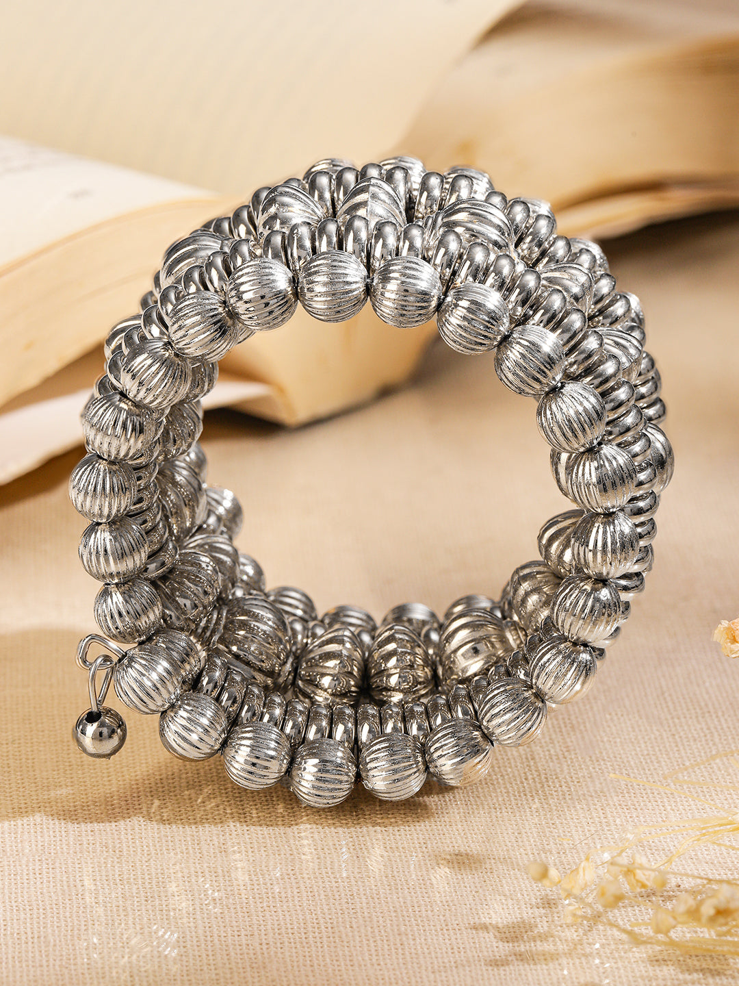 Rubans Silver-Plated Textured Beaded Statement Bracelet for Women Silver