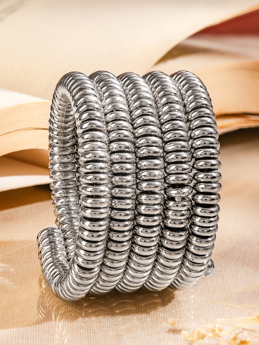 Rubans Silver-Plated Glossy Silver Beaded Multi-Layered Coiled Bracelet for Women Silver 1