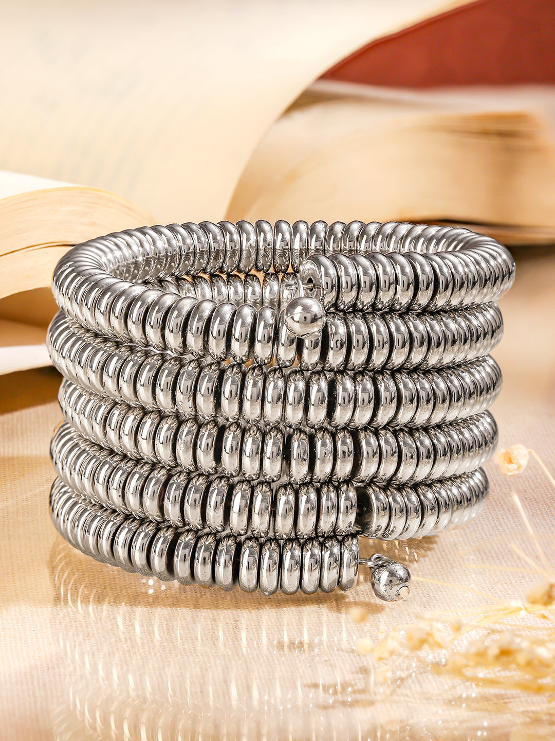 Rubans Silver-Plated Glossy Silver Beaded Multi-Layered Coiled Bracelet for Women Silver 1