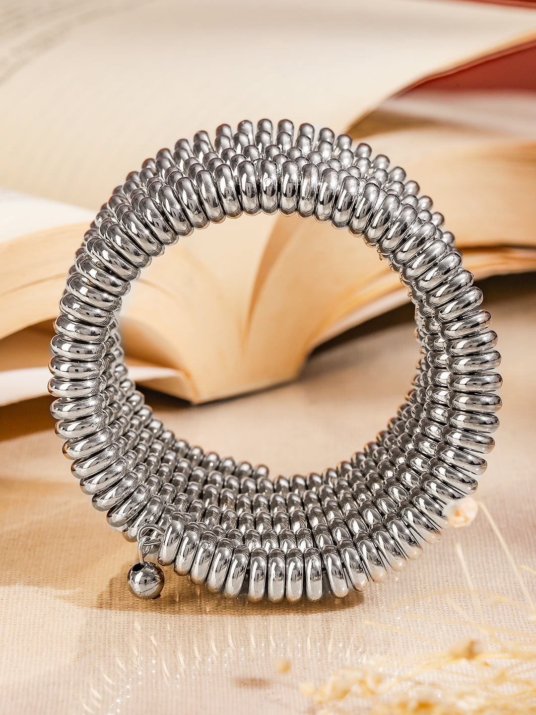 Rubans Silver-Plated Glossy Silver Beaded Multi-Layered Coiled Bracelet for Women Silver 1