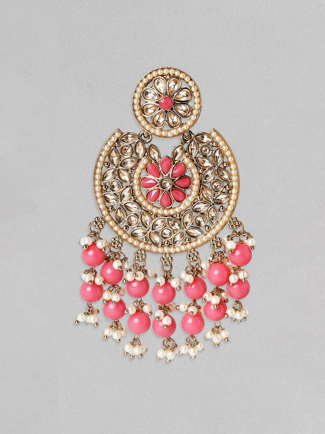 Rubans Gold Plated Handcrafted AD Studded & Pink Beads Chandbali Earrings Gold