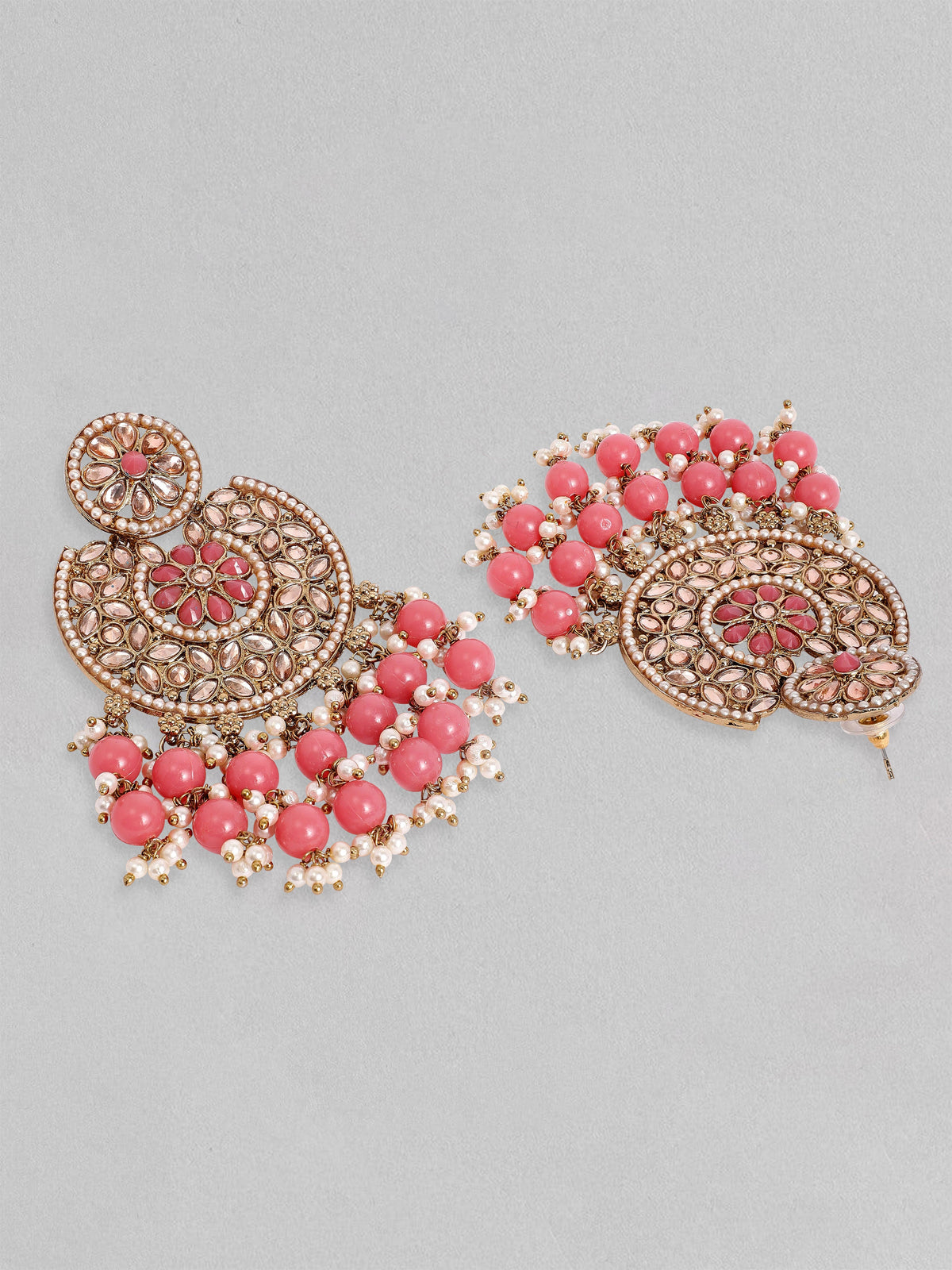 Rubans Gold Plated Handcrafted AD Studded & Pink Beads Chandbali Earrings Gold