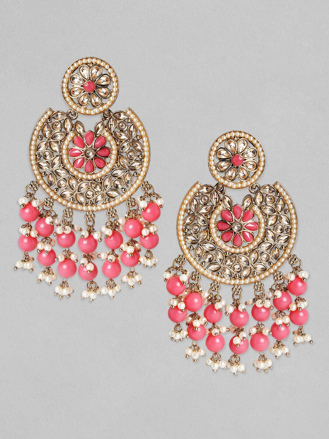 Rubans Gold Plated Handcrafted AD Studded & Pink Beads Chandbali Earrings Gold