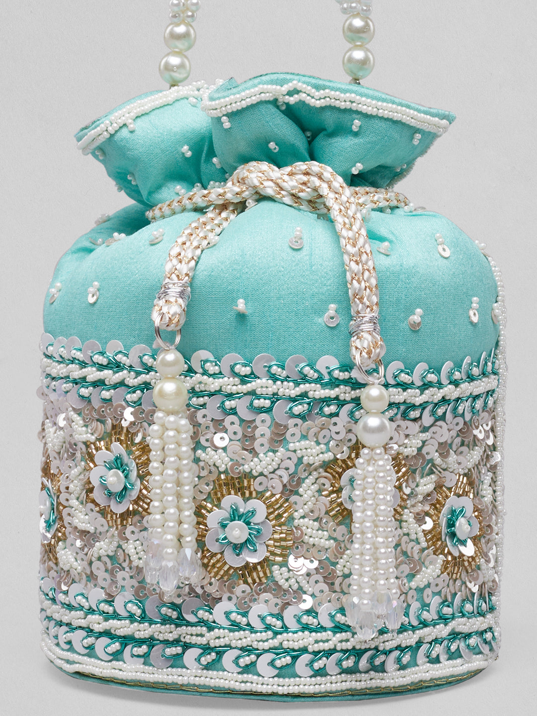Rubans Mint Coloured Potli Bag With Golden And White Embroided Design. Turquoise Blue