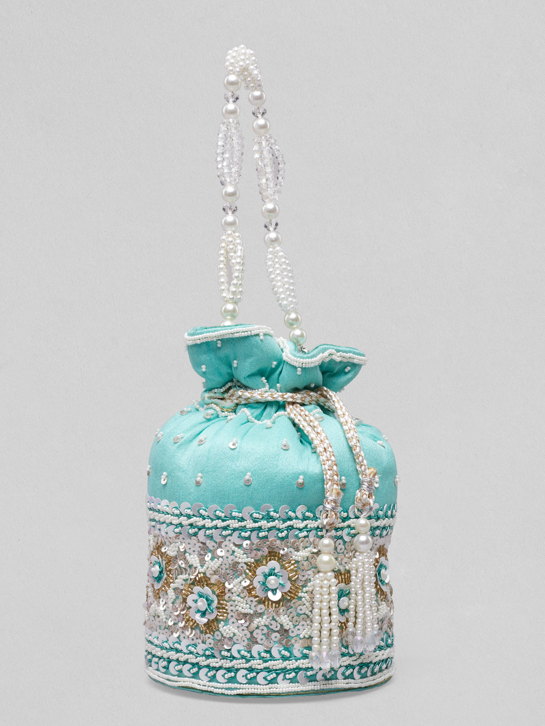 Rubans Mint Coloured Potli Bag With Golden And White Embroided Design. Turquoise Blue