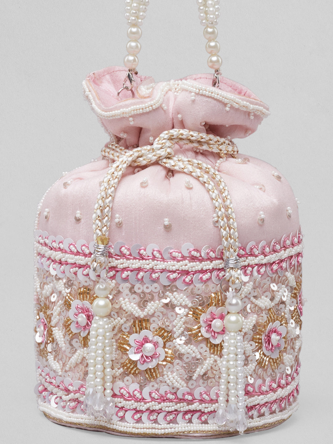 Rubans Pink Coloured Potli Bag With Golden And White Embroided Design. Pink