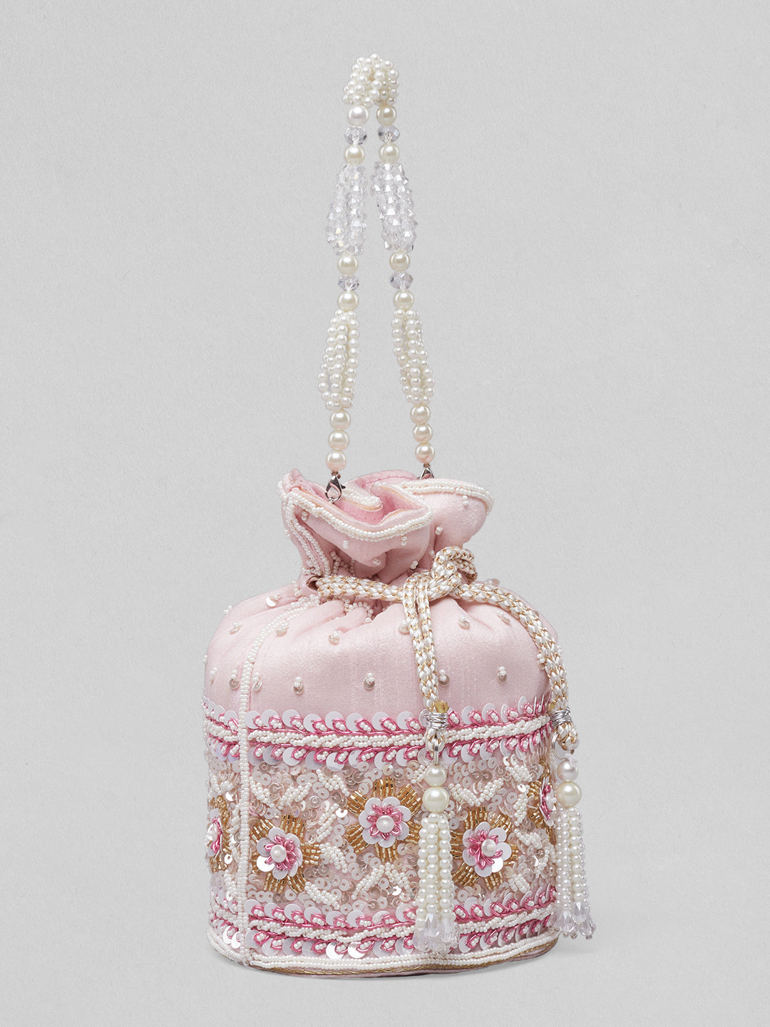 Rubans Pink Coloured Potli Bag With Golden And White Embroided Design. Pink