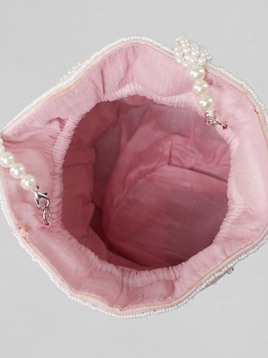 Rubans Pink Coloured Potli Bag With Golden And White Embroided Design. Pink