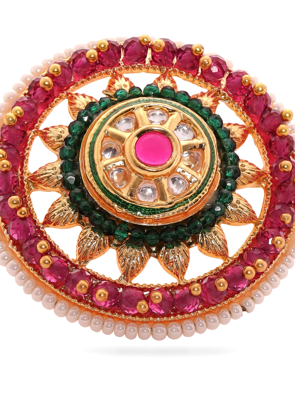 Rubans 22K Gold Plated Kundan Studded Red & Green Crystal with Pearl beaded Handcrafted Adjustable Ring Red::Green