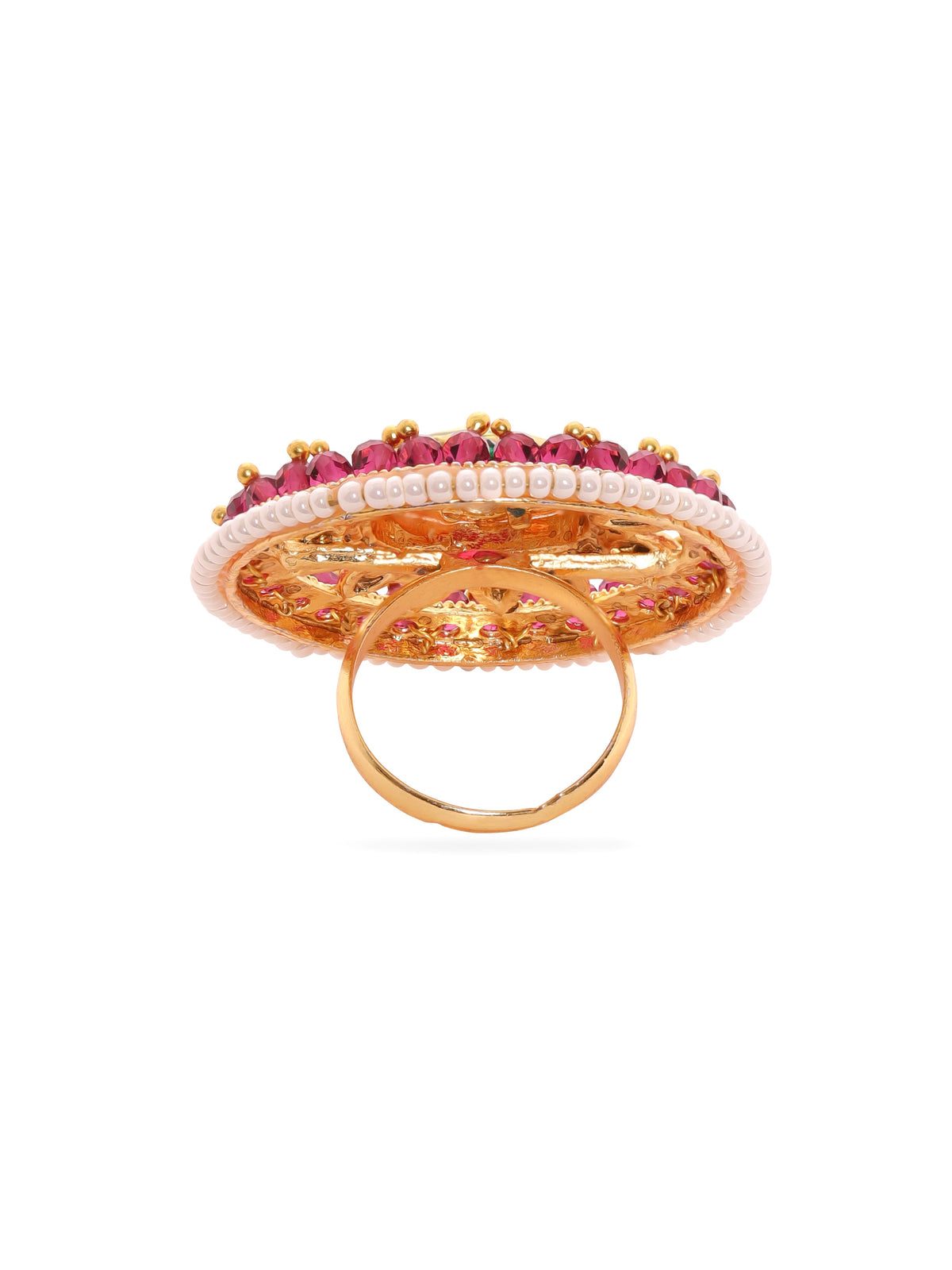 Rubans 22K Gold Plated Kundan Studded Red & Green Crystal with Pearl beaded Handcrafted Adjustable Ring Red::Green