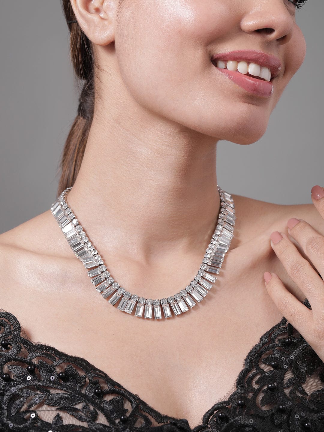 Baguette Stones Studded Glamorous Necklace Silver