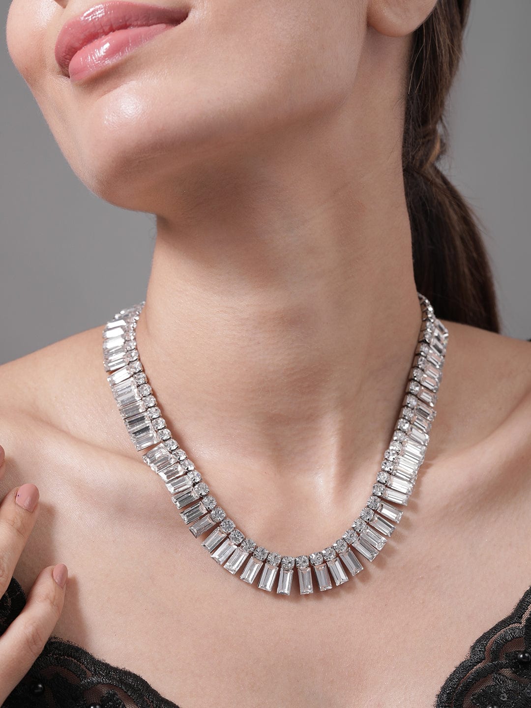 Baguette Stones Studded Glamorous Necklace Silver