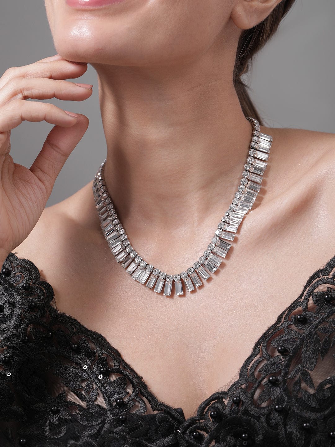 Baguette Stones Studded Glamorous Necklace Silver