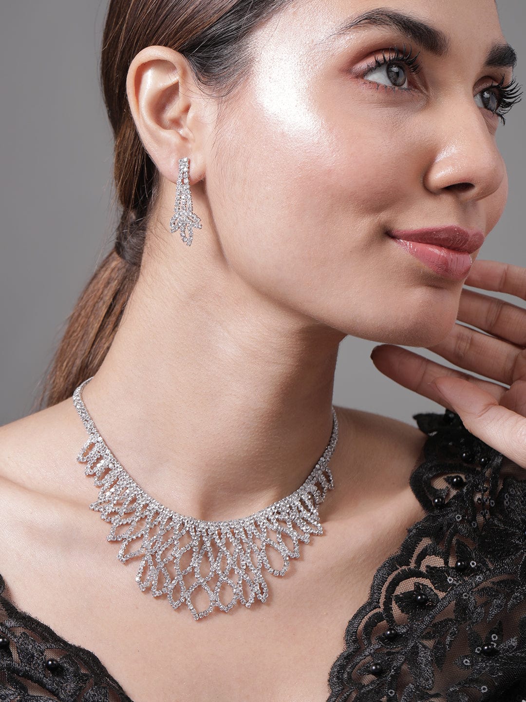 American Diamond Zirconia Cascading Necklace Set Silver