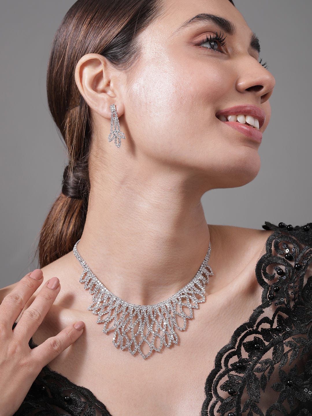 American Diamond Zirconia Cascading Necklace Set Rhodium Plated