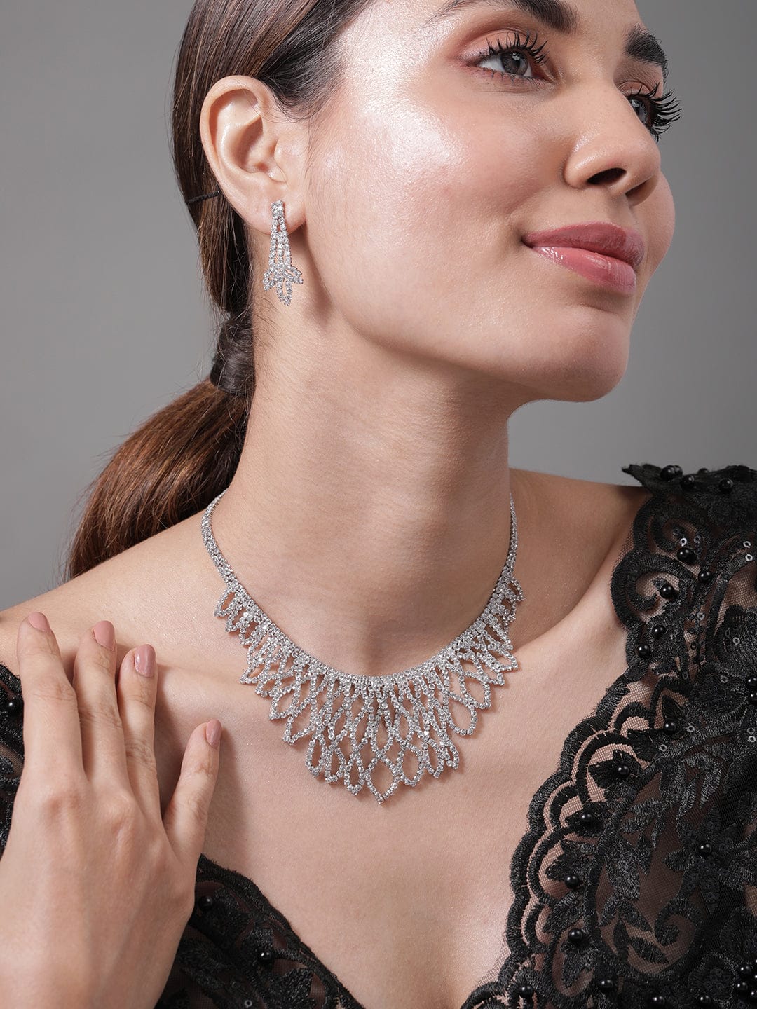 American Diamond Zirconia Cascading Necklace Set Silver