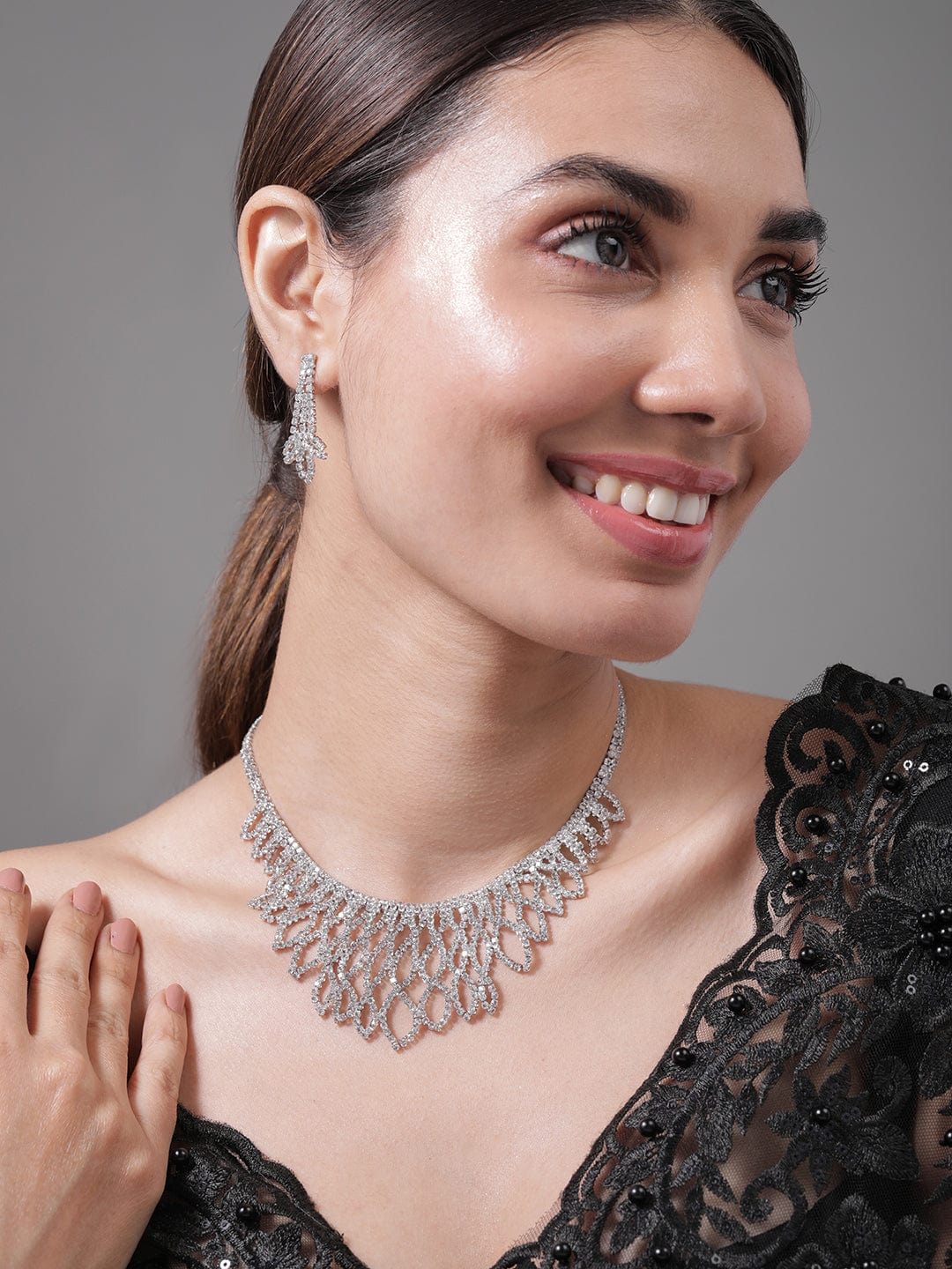 American Diamond Zirconia Cascading Necklace Set Silver