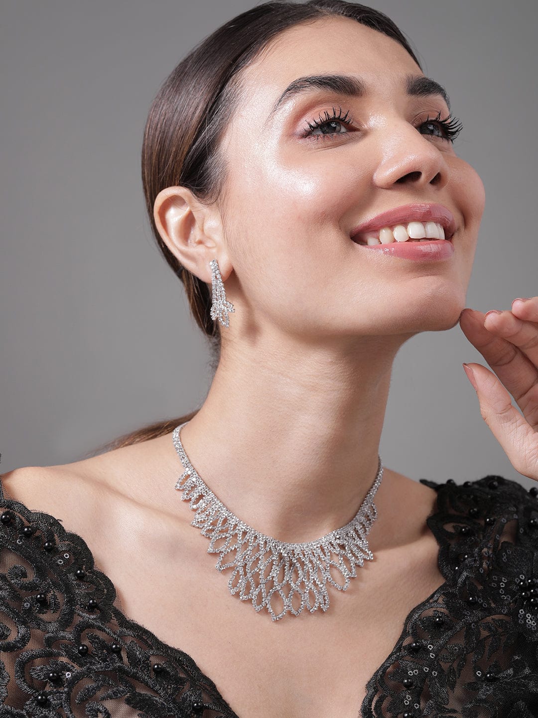 American Diamond Zirconia Cascading Necklace Set Rhodium Plated